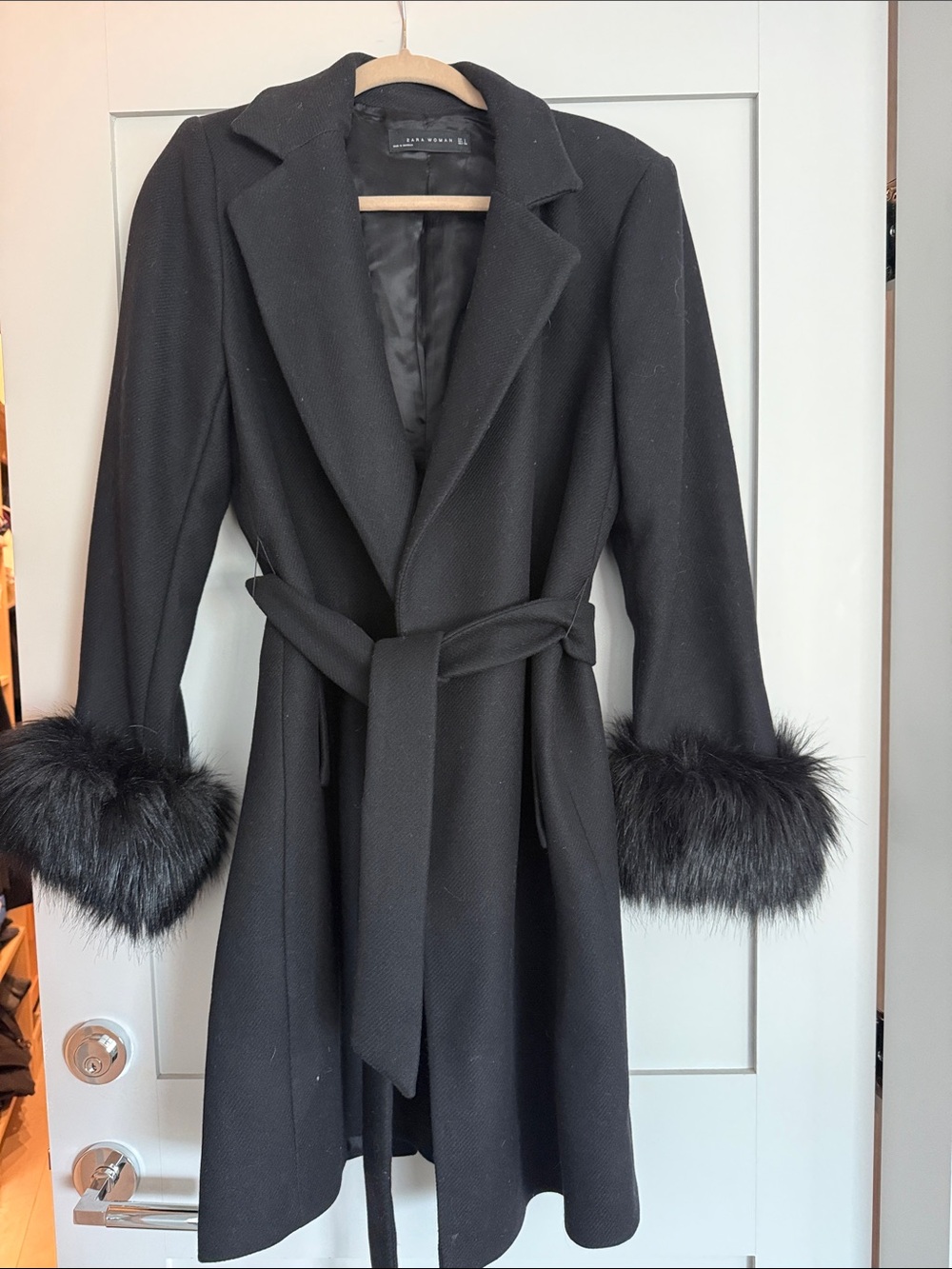 Zara Black Belted Trench Coat with Removable Faux-Fur Cuffs